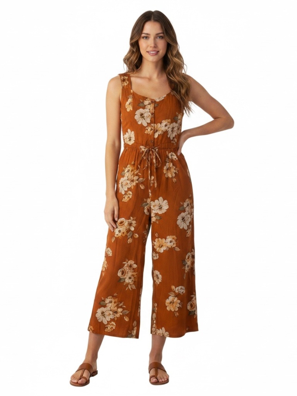 BOG Collective Sleeveless Jumpsuit Burnt Orange Floral Wide Leg Capri Style SZ S